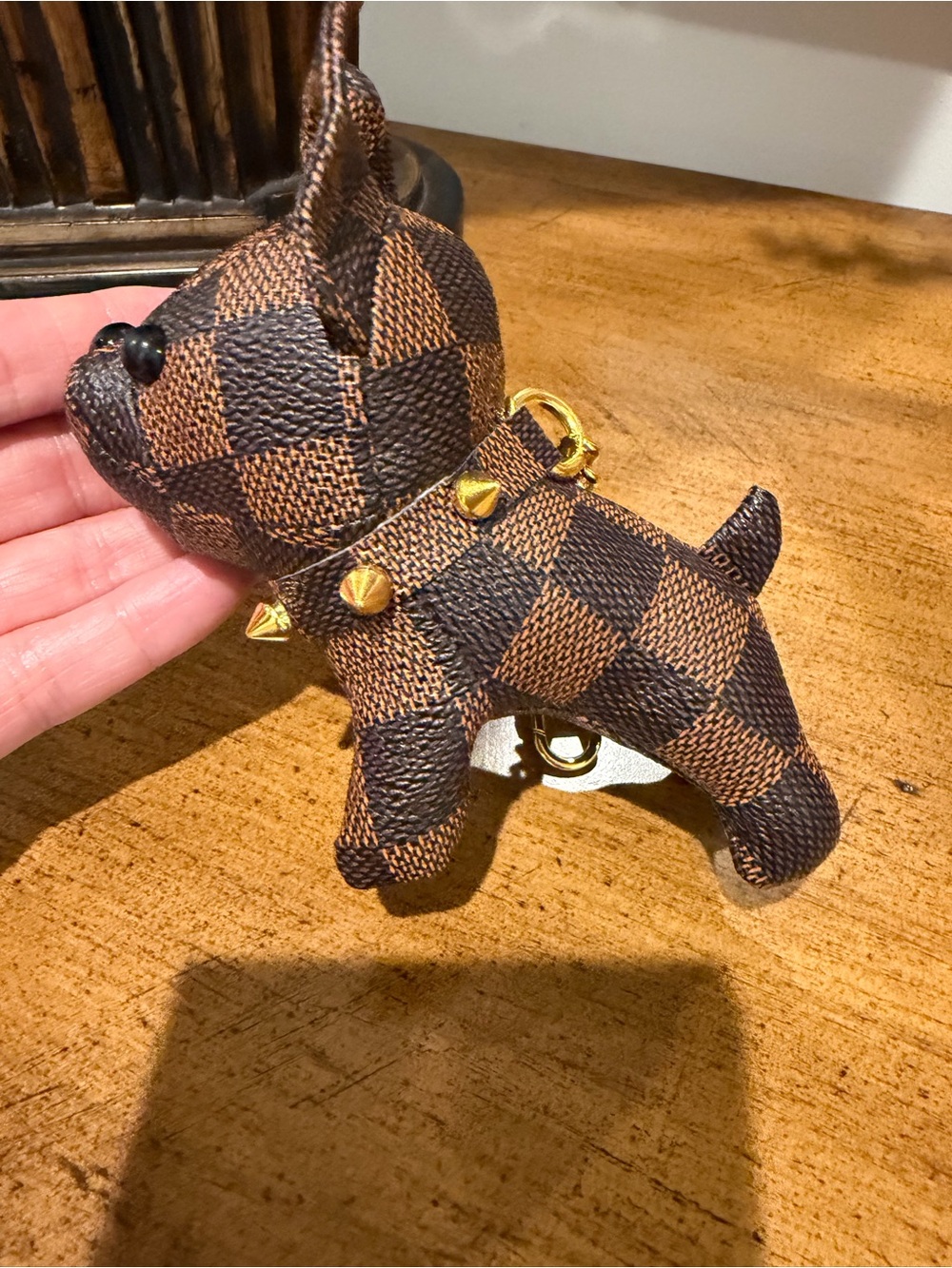 Checkerboard Brown French Bulldog Key/Bag Charm with Gold Chain NWOT - Picture 6 of 14